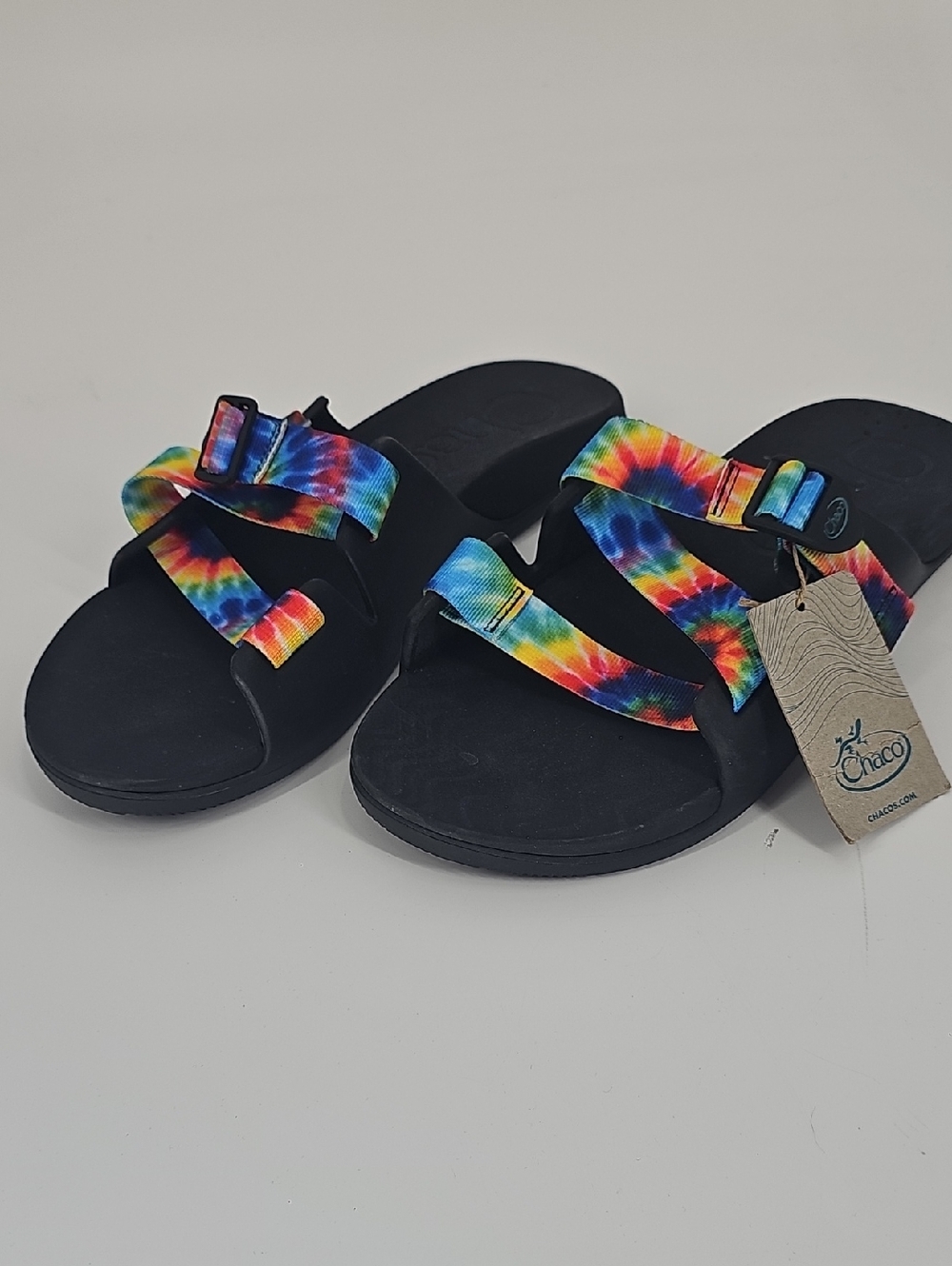 Chaco Rainbow Tie-Dye Strap Slide Sandals in Black